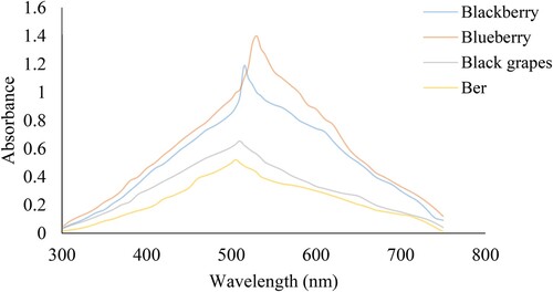 Figure 3. UV–Visible absorption spectrum of all individual dyes in ethanol as solvent.