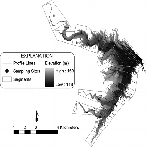 Figure 3 Bathymetry and segmentation areas for the CE-Qual-W2 simulation of Lake Waco.