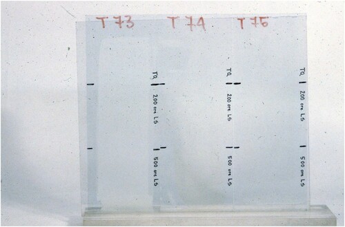 Figure 2. Samples T73, T74, and T75 in 1984, before ageing. Upon visual examination in 1984, all samples appeared transparent.