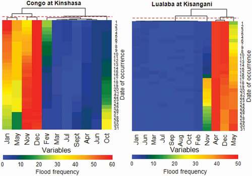 Figure A3. Seasonal dissimilarity between Kinshasa and Kisangani. The red dashed line indicates the cut in the tree clustering months in which floods occurred often and months in which floods happen seldom or never. Vertical axes display months with daily frequency within the concerned cell, coloured on the horizontal axis to associate the date of occurrence with flood frequency. Flood frequency values are expressed in terms of relative frequency (%).