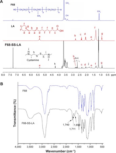 Figure 2 (A) 1H NMR spectra of F68 polymer, LA moiety, and F68-SS-LA copolymer; (B) FT-IR spectra of F68 polymer and F68-SS-LA copolymer.Abbreviations: LA, linoleic acid; FT-IR, Fourier transform-infrared spectroscopy; NMR, nuclear magnetic resonance.