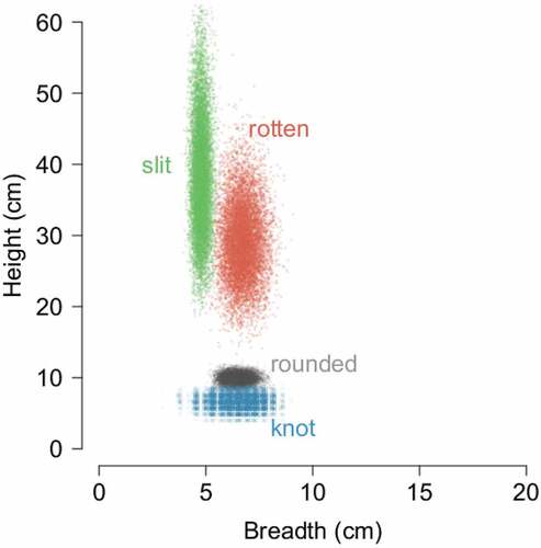 Figure 6. Height and breadth of robin’s tree hole entrances in relation to the configuration of the hole. Points show means estimated at individual bootstrap resamples of the original data to visualise variation in both dimensions