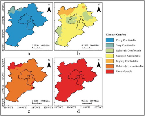 Figure 4. The spatial distribution of climatic comfort by age group in BTH region from 1961 to 2019. The average climatic comfort of (a) the youth; (b) the midlife; (c) the pre-elderly; (d) the elderly. The results of (c, d) are acceptable. Impacts on cognitive processes of age-related vulnerability may change the comfort threshold, implying that elderly people will be apt to feel cold or hot than the young