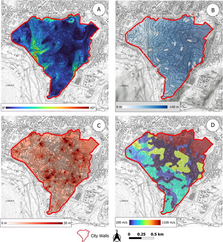 Figure 9. geological-geomorphological and hydrogeological predisposing factors (PF): (a) ground slope (°); (b) RS thickness (m); (c) water table depth (m below ground level); (d) Vs (m/s) of the outcropping lithologies.