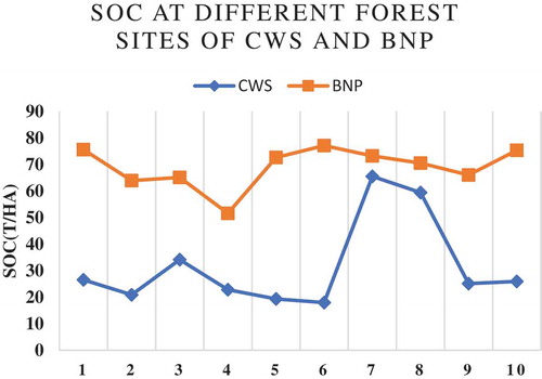 Figure 6. A line chart showing SOC variations at CWS and BNP.