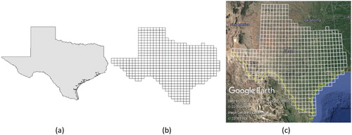 Figure 9. (a) Source polygon data for the state of Texas, USA from Natural Earth. (b) A resolution 5 quadrilateral grid over Texas (Cylindrical Equal Area projection, ESRI: 54034) and (c) the same grid shown in Google Earth (© 2018 Google).