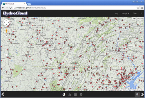 Figure 11. HydroCloud web interface showing NWIS stream gauge locations and NEXRAD radar data.