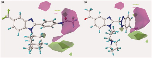 Figure 12. Model B CoMSIA H-bond acceptor favoured and disfavoured contour maps are displayed around benzimidazoles 95 (a) and 156 (b), depicted in stick mode.