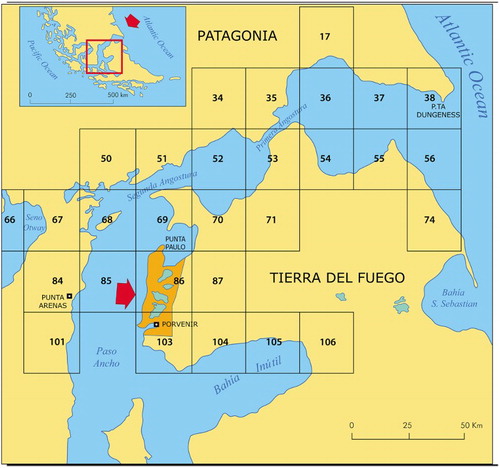 Figure 1. The orange area highlights the study area and map location. The black squares indicate the location of topographic maps published by the Chilean I.G.M. at a scale of 1:50,000. The geomorphological map published herein has a scale of 1:50,000 and falls within Sheets No. 86, 69 and 103 of Section L of the Chilean I.G.M. catography.