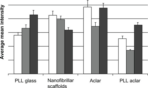 Figure 10 The white, gray, and dark gray bars show the Cdc42, Rac1, and RhoA intensities, respectively.Notes: The data is based on maximum intensity level images. Bars show the mean, and error bars show standard error of n = 20 cells.Abbreviations: PLL Aclar, poly-L-lysine-functionalized planar Aclar; PLL glass, poly-L-lysine-functionalized planar glass.