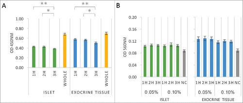 Figure 3. Adhesive properties of islets and exocrine tissue to gelatin. (A) Cell viability assays of both islets and exocrine tissue. Cells were seeded onto gelatin-coated (0.1%) 96-well plates at 1.0 × 104 cells/well in DMEM containing 0.5% FBS after 1–3 h culture. Adherent cells were stained by WST-8 assay solution and quantified at OD 450 nm after extraction (n = 6). (B) Cell adhesion assays of both islets and exocrine tissue. Cells were seeded onto gelatin-coated (0.05–0.10%) 96-well plates at 1.0 × 104 cells/well in DMEM containing 0.5% FBS. Adherent cells were stained with MTT solution and quantified at OD 560 nm after extraction (n = 6). The data are presented as the mean ± standard error (SE). *P < 0.05 or **P < 0.01.