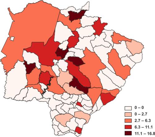 Figure 1 Distribution of sickle-cell anemia cases in the municipalities of Mato Grosso do Sul, Brazil, between 1980 and 2018, per 100,000 inhabitants (n=125).