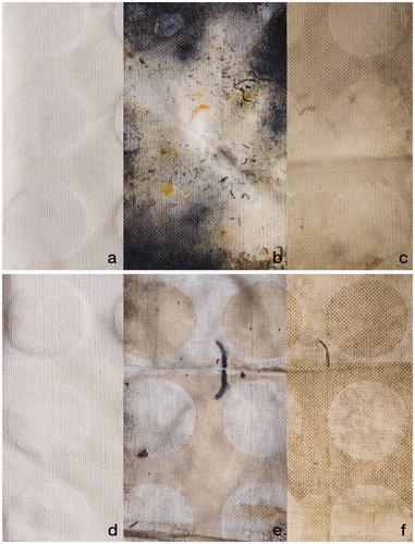 Figure 3 The differing expressions of the same section of the buried circle pattern. Before (a), after two months underwater, unwashed (b), and washed (c). Before (d), after two months underground, unwashed (e), and washed (f). The paper yarn in the buried sample was dyed brown, while the underwater sample was not.