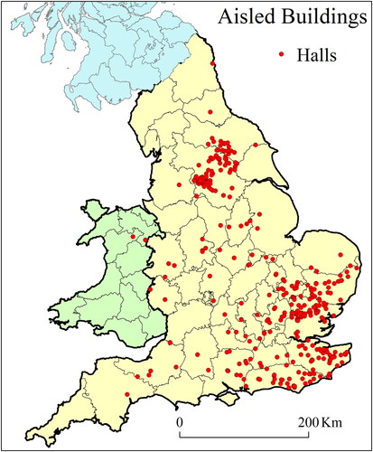 Figure 6. Distribution of aisled halls (383 buildings plotted)