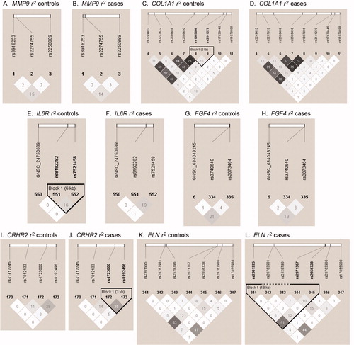 Figure 1.  Haploview plots of genes identified in analyses of haplotype tests of association in maternal samples. LD plots were generated in Haploview and are presented for: (A) MMP9 controls r2; (B) MMP9 cases r2; (C) COL1A1 controls r2; (D) COL1A1 cases r2; (E) IL6R controls r2; (F) IL6R cases r2; (G) FGF4 controls r2; (H) FGF4 cases r2; (I) CRHR2 r2 controls; (J) CRHR2 cases r2; (K) ELN r2 controls; (L) ELN r2 cases. Within each triangle is presented the pair-wise correlation coefficient (r2) LD plots white (r2 = 0.01 shades of grey (0 < r2 < 11 black (r2 = 1).