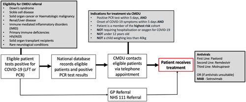 Figure 1. Flowchart displaying the CMDU pathway including the eligibility criteria for referral, indications for treatment and list of COVID-19 therapies available. (Adapted from NHS England CMDU referral pathway [Citation4]). high-risk patients eligible for COVID-19 outpatient therapies are notified through their hospital specialist team via email or letter. Patients in this cohort who test positive for COVID-19 either through LFT or PCR are advised to register their results immediately on an online system matched to their national health records. This system would then prompt an automated electronic referral to the CMDU. Patients could also be referred through primary or secondary care providers. Following referral, patients were contacted by a CMDU clinician to assess eligibility for treatment and if so, were offered appropriate therapy. Triaging clinicians include doctors or allied health professionals such as nurse practitioners or pharmacists. CMDU: Covid medicines delivery unit; LFT: Lateral flow test; PCR: Polymerase chain reaction; MAB: monoclonal antibody.