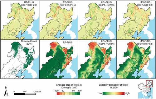 Figure 8. Differences between LPJ-FLUS and RF-FLUS in simulating forest land change from 2015 to 2100 in northeast China under different scenarios. Top row: transition of forest land from 2015 to 2100. Bottom row: suitability probability of forest land for 2100.