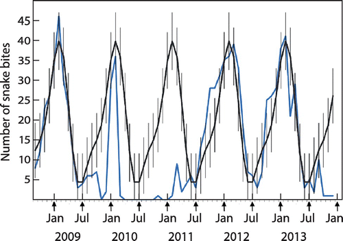 Figure 3: Seasonal distribution of snakebite incidence from September 2008 to December 2013 using cyclical regression. The incidence peaks in January (midsummer) and has a trough in July (midwinter).