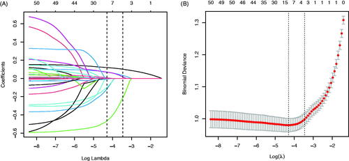 Figure 2. Demographic and clinical feature selection using the LASSO binary logistic regression model. (A) Optimal candidate (Lambda) selection in the LASSO model used 10-fold cross-validation via minimum criteria. The area under the receiver operating characteristic curve was plotted versus log (Lambda). Dotted vertical lines were drawn at the optimal values by using the minimum criteria and the 1 SE of the minimum standards; (B) LASSO coefficient profiles of the 41 candidates. A coefficient profile plot was produced against the log (Lambda) sequence. A vertical line was drawn at the value selected using 10-fold cross-validation, where optimal Lambda resulted in 9 candidates with non-zero coefficients (Lambda = 0.0136).