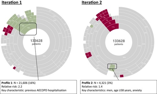 Figure 5 Patient profiles associated with AECOPD rehospitalisation. Data are represented as sunburst plots. The analysis was performed to segregate the 25,090 patients with at least one rehospitalisation for AECOPD (green segments) and the remaining 108,538 patients who were not rehospitalised for AECOPD (purple segments). The grey segments correspond to segments where the purity score is too low to categorize patients with certainty (either rehospitalised or not). Left: decision tree analysis including AECOPD previous hospitalisation as a source variable; right: decision tree analysis excluding AECOPD previous hospitalisation.
