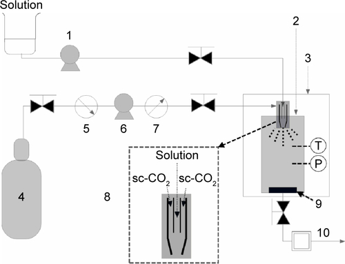Figure S1 Solution-enhanced dispersion by sc-CO2 equipment.Notes: 1, Solution pump; 2, precipitation vessel; 3, gas bath; 4, CO2 cylinder; 5, cooler; 6, CO2 pump; 7, heat exchanger; 8, specially designed coaxial nozzle; 9, gas filter; 10, water bath.Abbreviations: P, pressure gauge; sc, supercritical; T, thermometer.