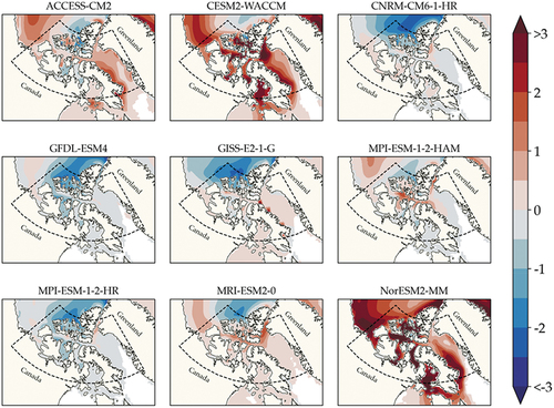 Figure 3. Sea-ice thickness bias (m) between model ensemble mean and PIOMAS for September within the Canadian Archipelago 1979 to 2014. The delineation boundary is shown for selection of data used in deriving statistical measures.