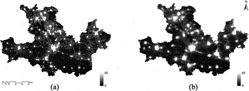 Figure 3. Nighttime lighting data in Huaihai economic zone core city in 2001 (a) and 2021 (b).