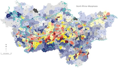 Figure 3. Distribution of the twenty-five socioeconomic SOM clusters over the Ruhr region