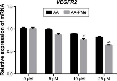 Figure 11 AA-PMe inhibits VEGFR2 in zebrafish embryos. qRT-PCR analysis of VEGFR2 mRNA in 72 hpf whole embryos treated with DMSO control or the indicated concentrations of AA-PMe or AA. Data are presented as mean ± SEM from three independent experiments. *P<0.05, **P<0.01.