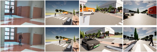 Figure 5. Pedestrian-AV interaction in VR setup. (upper row) The pedestrian waits while eHMI displays a red status. (lower row) The eHMI switches to green status and the pedestrian decides to cross. From left to right: VR experimentation environment; overview of the simulated virtual scenario; pedestrian perspective; AV perspective (simulated camera).