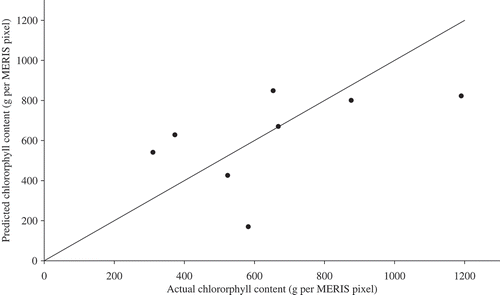 Figure 9. Relationship between predicted and actual chlorophyll content using the leave-one-out method for all fields.