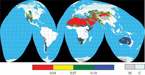 Figure 9. Standard deviation of NDVIymx (SDNDVI) for 20 years (1982–2001). M, mountainous areas higher than 3 km; C, cool and cold areas located further north/south than 55° N/55° S in latitude.
