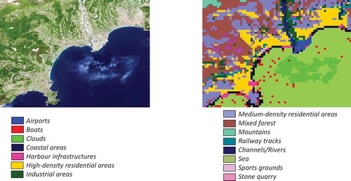 Figure 37. A data set of the French Riviera and its surrounding areas. (From left to right): An RGB quick-look view of a Spot-5 image from April 23rd, 2001, and its classification map. For classification three bands (band 1, 2, and 3) were selected. The sensor parameters are described in Spot sensor parameter description (Spot, Citation2020)