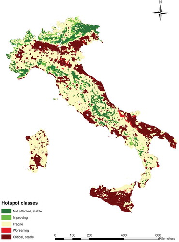 Figure 3 Spatial distribution of soil vulnerability hotspots in Italy (1990–2010) based on the land classification system illustrated in Table 2.