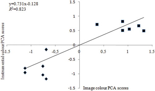 Figure 3. Linear regressions of PCA scores of color obtained by instrumental and image analysis of (■) cooked; and (♦) cooked freeze-dried rehydrated potato.