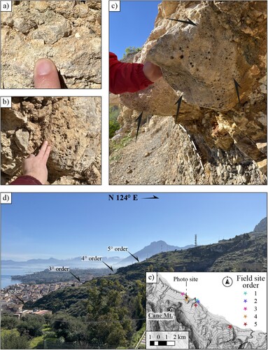 Figure 4. Field evidence of fourth-order paleoshorelines, detected in the eastern sector of the study area, and panoramic view of the different order marine terraces in the Termini plain: (a) fragmented marine fossils within a coastal deposit of BCP; (b) evidence of Lithophaga holes; (c) the black arrows point to traces of Cliona vastifera orange sponges, which are also interested by Lithophaga holes; the white dashed line highlights the morphology of the studied smoothed tidal notch (sensu CitationAntonioli et al., 2018); (d) panoramic view of the 2° up to the 5° shoreline angles orders; (e) map view of surveyed sites, shown as stars; the Colour code highlights the five shoreline angle orders in the inset (e).