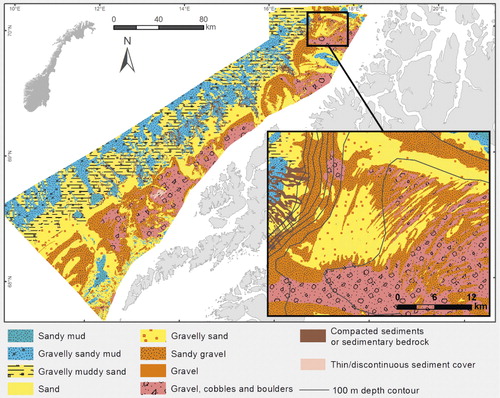 Figure 6. Example of 1:100,000 sediment grain size map produced by MAREANO (adapted from Elvenes et al. Citation2014). The map is based on interpretations of terrain and backscatter as well as groundtruthing data from video records and sediment samples.