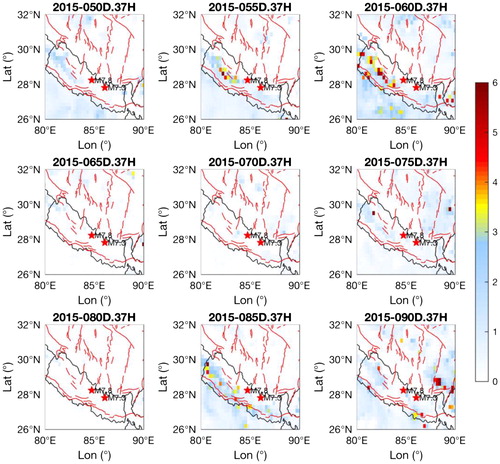 Figure 1. Spatial distribution of IMRA at 37 GHz horizontal polarizations during 46–90 Julian days of 2015. Red lines show fault lines, which are taken from the HimaTibetMap database (Styron et al., Citation2011).