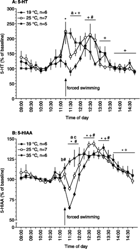 Figure 1 Effects of forced swim stress at different water temperatures on hippocampal extracellular concentrations of 5-HT (A) and 5-HIAA (B; % of baseline) as assessed by in vivo microdialysis. After collection of nine 15-min baseline samples, rats were forced to swim for 15 min (swim sample is indicated by the arrow) in water at 19, 25 or 35°C. After return to the home cage another fourteen 15-min samples were collected. Time points on the x-axis indicate time of day at which collection of the sample was started. *, significantly different from baseline for 35°C; +, significantly different from baseline for 25°C; #, significantly different from baseline for 19°C (Bonferroni corrected simple contrasts). a, 19°C significantly different from 25 and 35°C; b, 19°C significantly different from 35°C; c, 25°C significantly different from 35°C (Scheffé post hoc comparisons). For ANOVA analyses see text under “Results”. 5-HT basal values were 6.70 ± 0.62 fmol/15 min sample (n = 18); 5-HIAA basal values were 5.5 ± 3.4 pmol/15 min sample (n = 19).