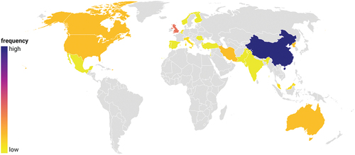 Figure 3. Geographical distribution of analyzed studies and their frequencies.