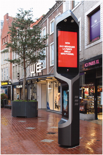 Figure 5 CityBeacon in Eindhoven’s city center. © Justin Agyin, 2019. The slick, smartphone-like CityBeacon adorns various streets of Eindhoven’s city center, continuously watching. While the selfie-camera and MAC-address reader are currently disabled, developers of the CityBeacon and similar smart technologies are merely waiting for privacy legislation to become less restrictive to re-activate them.