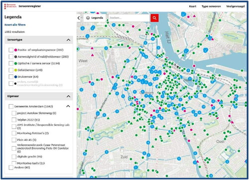 Figure 9. On-line map of Amsterdam mandatory Register for sensors (screenshot from website https://sensorenregister.amsterdam.nl/).