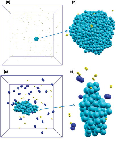 Figure 4. (a-b) Si particle made of 1000 atoms surrounded by 187 H2 molecules; after 1 ns only one molecule was physisorbed and two H atoms chemisorbed on the cluster surface; (c-d) Si particle made of about 100 atoms surrounded by 30 H2 and 30 N2 molecules; after 2 ns the particle was covered with six chemisorbed hydrogens but no N atoms were found on the surface. Si, H and N atoms are cyan, yellow and blue, respectively.