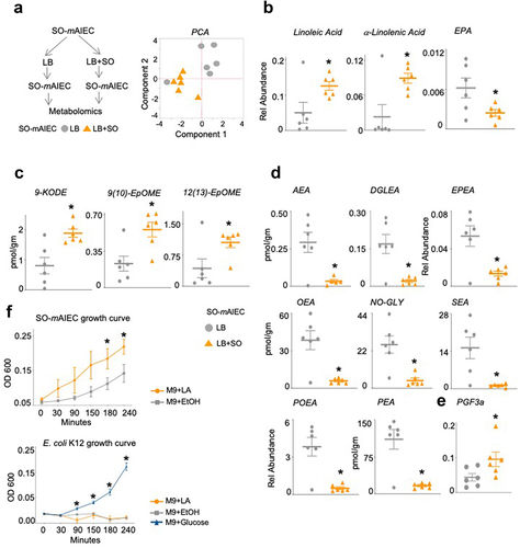 Figure 6. Soybean oil increases oxylipins and decreases endocannabinoid system metabolites in SO-mAIEC cultured in vitro.