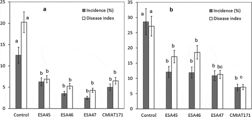 Figure 2. Incidence (%) and mango rot severity (McKinley disease index) at the end of the shelf life period (11 days) in natural infections in organic mango orchard cv. “Tommy Atkins” in two seasons with the preharvest applications of formulations containing S. cerevisiae ESA45, Saccharomyces sp. ESA46, Saccharomyces sp. ESA47 e P. kudriavzevii CMIAT171, Petrolina-PE. A – experiment conducted from October to November 2014; B – experiment conducted from November 2015 to January 2016.