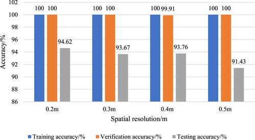 Figure 9. Classification accuracy of Planet-UAV imagery at different spatial resolutions.