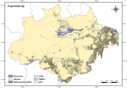 Figure 53. Occurrence area and records of Leposoma sp., showing the overlap with protected and deforested areas.