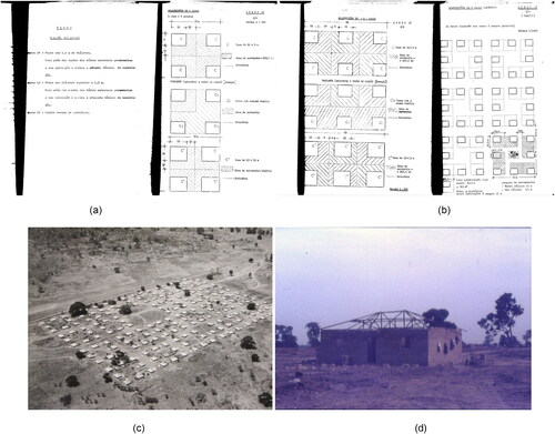 Figure 6. (A,B) 4 Houses blocks; 6 Houses blocks; 8 Houses blocks. (Appendix 17, 1/4; 2/4; 3/4, Jan. 1971), (Santos, 1966–Citation1969). Source: J. A. L. S. Santos personal archive (courtesy: Francesca Vita). (C) Nhabijões military resettlement, Guinea. [3 May 1971]. Reorganization of the Nhabijões region settlements, planned and led by the Portuguese military and with the approval of the colonial Public Works departments, Guinea-Bissau. Source: Arquivo Histórico Ultramarino [IPAD 1971-00770]. (D) House. Nhabijões military resettlement, Guinea, ca. 1970. Source: J. A. L. S. Santos personal archive.