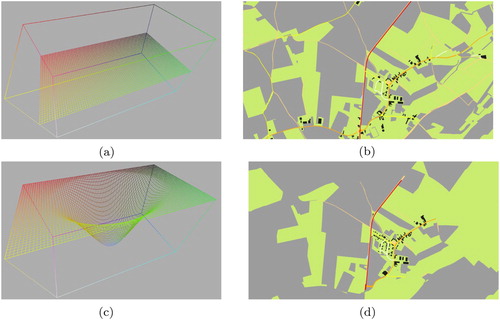Figure 15. The slice surface on the left produces the corresponding map image shown on the right. Note that with higher level of detail more buildings and roads become visible. (a) Horizontal slice plane. (b) Map scale equal everywhere. (c) Sine curve slice plane. (d) Larger map scale in the middle.