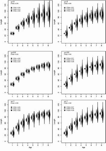 Figure 3. Patterns of among individual variation for a range of values of ψ and a range of among individual variation (CV (k)) and environmental variation (CV (w)). The left column shows the effect of increasing CV (k) for a fixed w and the right column of plots show the effect of increasing CV (w) for a fixed k Each violin plot shows the probability density function of length-at-age for 10,000 simulated individuals. Relatively wider areas indicate lengths with more individuals in the population. All violin plots are scaled by their most abundant length in that age class; violins with larger area do not indicate more individuals, only a wider spread in the observed length-at-age. Shading corresponds to the parameter combination indicated.